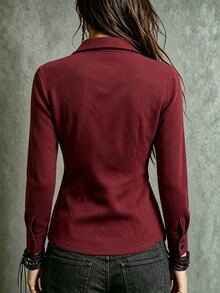 Glimmora Bohemian Western Style Burgundy Zipper Long Sleeve Vintage Shirt - Burgundy - View 2