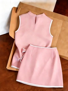 SHEIN Franclia 亞洲新中式簡約小立領無袖上衣與對比色裙子兩件套，杏色 - 粉色 - 查看 3