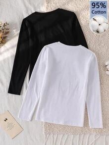 SHEIN 2pcs Tween Girls' T-Shirt Round Neck Long Sleeve Black And White 2 Pieces Set Basic Long Sleeve Undershirt Suitable For Daily Wear Spring And Autumn - Black and White - View 3