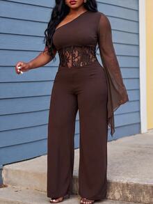 Slaydiva Plus Size Women's Lace Patchwork One Shoulder Casual Daily Jumpsuit - Brown - View 3