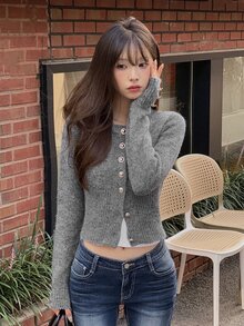 DAZY Women's Fitted Short Knit Cardigan With Long Sleeves, Round Neck, Casual Sexy Vacation Style, Spring/Autumn - Grey - View 2