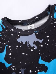 SHEIN 小男孩休閒極簡時尚經典聖誕保暖舒適居家服，恐龍星星圖案、卡通圖案，修身舒適圓領短袖長褲套裝，適合四季穿著 - 彩色 - 查看 5