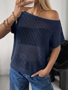 SHEIN EZwear 女款純色不對稱肩鏤空設計針織上衣 - 藏蓝色 - 查看 3