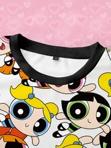 THE POWERPUFF GIRLS X SHEIN Plus Size Women's Crew Neck Long Sleeve Casual Sweatshirt - White - View 3