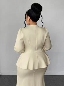 Maweii Plus Size Women's Elegant Party Casual Commute Slim Fit Puff Short Sleeve Lace Deep V-Neck Sexy Beige Blouse - Beige - View 6