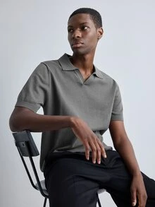 Merionis Men's Solid Color Polo Collar Short Sleeve Casual Knit Top - Dark Grey - View 5