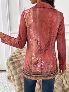 SHEIN Clasi 女款夏季花卉印花翻領西裝外套，適合通勤、街頭穿搭與派對造型 - 彩色 - 查看 2