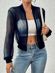 GlowEve Women's Mesh Hollow-Out Short Open-Front Casual Commuter Jacket - Navy Blue - View 4