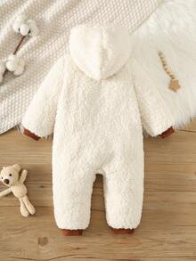 SHEIN Baby Boy Autumn/Winter Color Block Zipper Front Plush Hooded Romper - Apricot - View 2