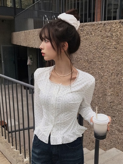 DAZY 여성용 우아한 폴카 도트 프린트 앞단추 티셔츠, 가을