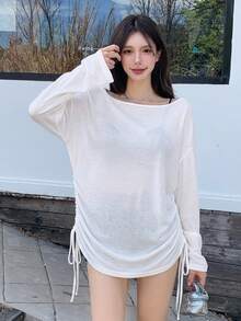 DAZY 女款純色單肩長袖側抽繩休閒性感T恤，適合日常穿搭、外出、夜生活、約會，白色，秋季 - 白色 - 查看 5