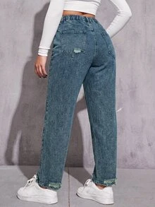 SHEIN ICON Plus Size Women's Casual Vacation Street Style Distressed Non-Stretch Light Gray Jeans - Dusty Blue - View 2