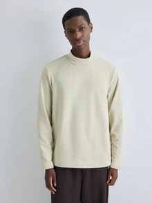Merionis Men's Solid Color Stand Collar Long Sleeve Casual Versatile T-Shirt - Green - View 3