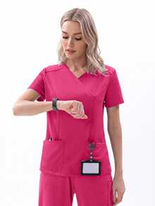 TaskEZ Women's Matte Wrap Top With 2 Pockets And Princess Seams On Back - Hot Pink - View 5