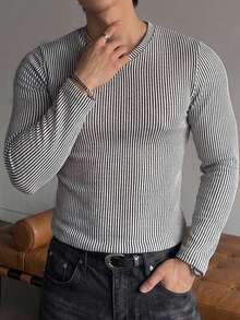 DAZY V-Neck Elastic Ribbed Ribbed Long Sleeve Slim Fit Basic T-Shirt For Men - Grey - View 5