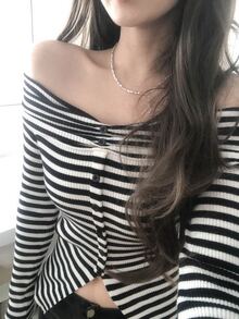 DAZY Women's Striped Long Sleeve Korean Style Elegant T-Shirt Vacation - White - View 5