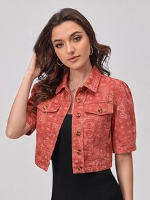 EMERY ROSE Plus Size Women's Paisley Pattern Short Petal Sleeve Single-Breasted Casual Denim Jacket - Red - View 4