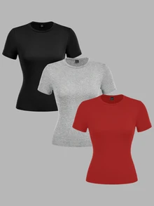 SHEIN EZwear 休閒極簡風黑色、灰色、紅色 3 件組女款圓領修身長版短袖 T 恤套裝，適合夏季 - 彩色 - 查看 1