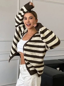 DAZY Women's Autumn/Winter Casual Color-Block Striped Cardigan - Brown - View 6