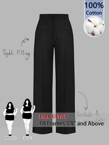 SHEIN Tall CURVE 大尺碼女款牙籤條紋設計直筒休閒商務寬鬆長褲，適合辦公正式場合與度假，黑色，秋冬款 - 黑色 - 查看 1