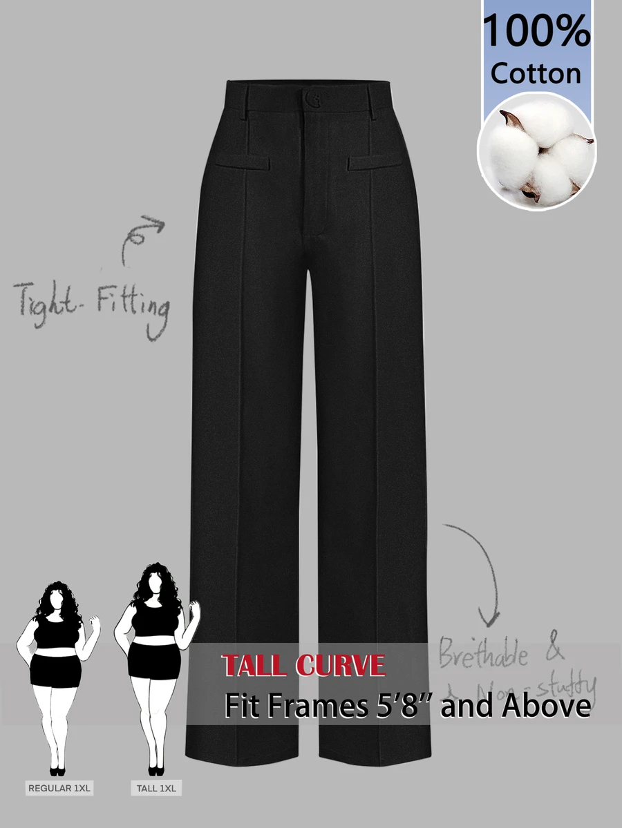 SHEIN Tall CURVE 大尺碼女款牙籤條紋設計直筒休閒商務寬鬆長褲，適合辦公正式場合與度假，黑色，秋冬款 - 黑色 - 查看 1