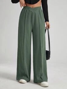 SHEIN Essnce 女款純色不對稱腰線直筒休閒長褲 - 橄欖綠 - 查看 3