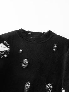 Chillumni Men's Distressed Design Casual Versatile Long Sleeve Sweater - Black - View 3