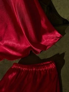 SilkySpell Wine Red Faux Silk V-Neck Embroidered Lace Trim Camisole & Shorts Plus Size Pajama Set - Burgundy - View 3