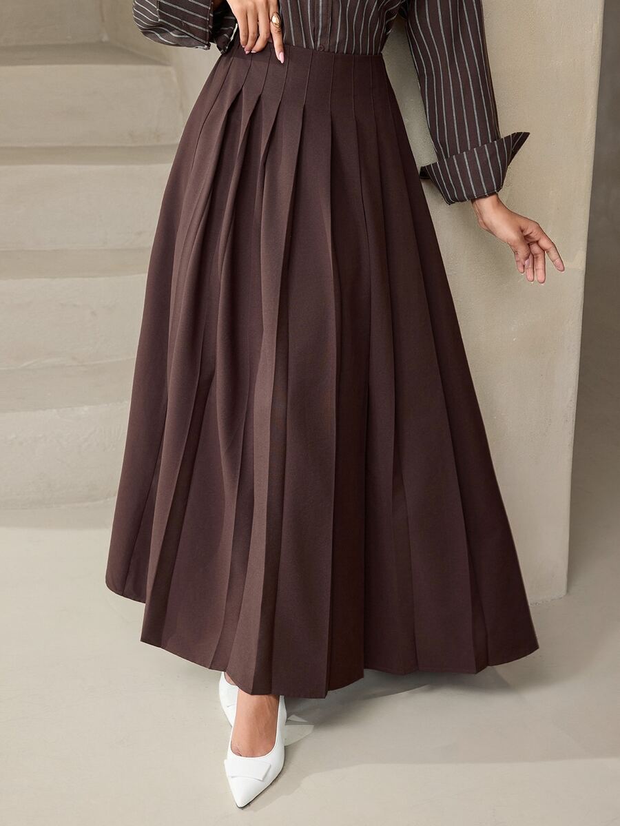 Veilorie Rok Lipit Wanita Warna Polos Pinggang Tinggi Elegan Modis - Coffee Brown - View 1
