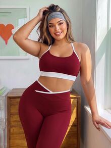 Sovereign Charm Women's Plus Size Colorblock Cropped Camisole And Leggings Sports Set - Red - View 5