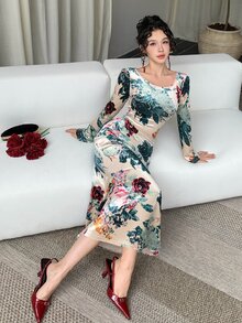 DAZY Elegant Slim-Fit Flattering Print Midi Dress For Women Vacation - Multicolor - View 8