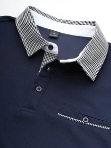 Manfinity Homme 大尺碼男士拼接格紋短袖休閒 Polo 衫 - 藏蓝色 - 查看 5