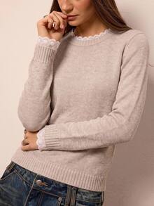 Freevana Women's Contrast Lace Round Neck Long Sleeve Casual Sweater - Khaki - View 5