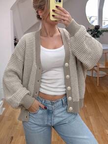 SHEIN Revavyn Women's Drop Shoulder Long Sleeve Single-Breasted Casual Knit Cardigan - Khaki - View 6