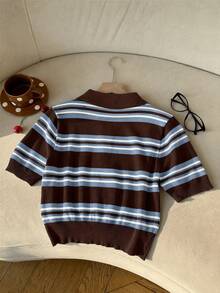 SHEIN EZwear 女款條紋 Polo 領短袖休閒針織上衣 - 藍色 - 查看 2