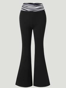 SHEIN 青少年女孩時尚黑白條紋修身喇叭褲，豹紋腰帶，百搭休閒保守寬鬆穿搭，適合春夏 - 黑色 - 查看 4