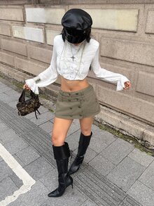 StreetHx Fashion Casual Vintage Court Style Napoleon Multi-Button Double Waist Low-Waist Denim Skirt - Army Green - View 3