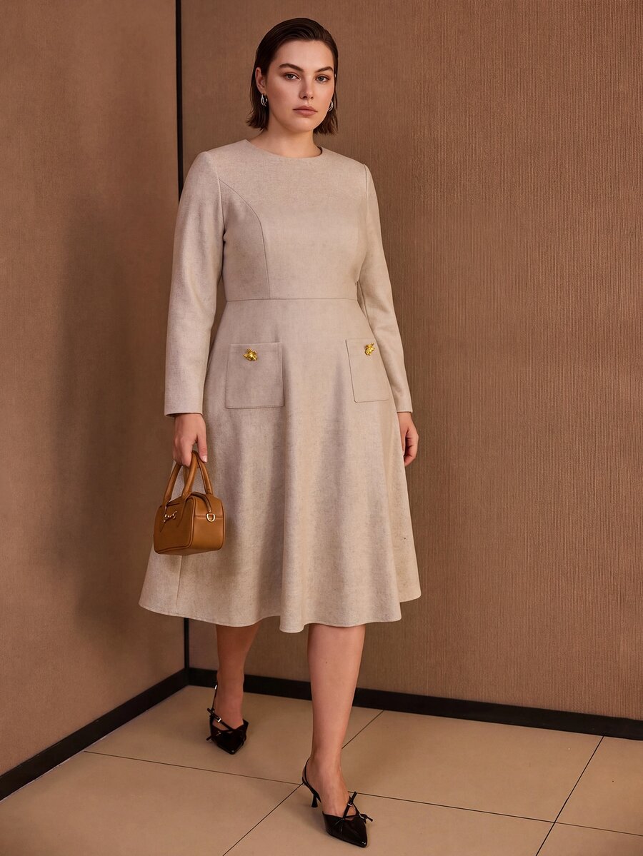 MOTF PREMIUM PLUS SIZE WOMEN'S LONG SLEEVE MID-LENGTH DRESS, AUTUMN/WINTER - Khaki - View 1