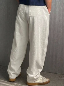 DAZY Spring/Autumn White Washed Distressed Straight Leg Loose Fit Korean Style Men's Plus Size Jeans - White - View 2