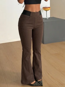 SHEIN PETITE 女款彈性腰休閒喇叭牛仔褲 - 棕色 - 查看 5