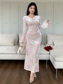 Feyla Women's Cowl Neck Flared Sleeve Butterfly Embroidered Elegant Midi Dress - Apricot - View 2