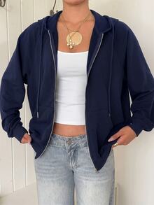 SHEIN EZwear Zip Up Raglan Sleeve Drawstring Hoodie,Long Sleeve Tops In Fall/Winter - Navy Blue - View 3