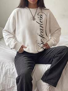 SHEIN EZwear Sweatshirt Wanita Kasual Minimalis dengan Motif Cetak, Kerah Bulat, Lengan Panjang, Tebal, dan Longgar - Putih - View 6