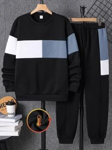 SHEIN 2件組青少年男孩拼色運動衫與長褲套裝，休閒學院風，舒適時尚簡約百搭，柔軟面料，適合日常穿著、上學、旅行、戶外運動，四季皆宜，秋季 - 霧霾藍 - 查看 1