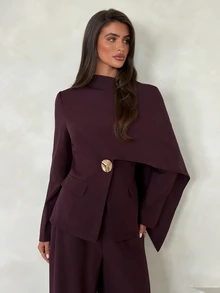 Aloruh Women's Lapel Metal Decor Blazer + Wide Leg Pants Set - Purple - View 1