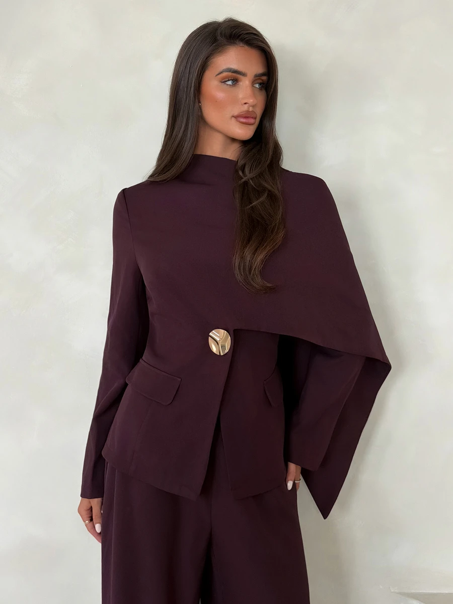 Aloruh Women's Lapel Metal Decor Blazer + Wide Leg Pants Set - Purple - View 1