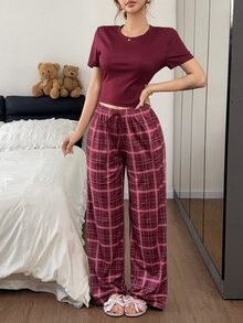Napfluff Plaid Knit Short Sleeve Pajama Set, Casual Women's Loungewear - Burgundy - View 4