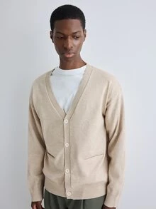 Merionis Men's Solid Color Drop Shoulder Long Sleeve Single-Breasted Casual Knit Cardigan - Apricot - View 4