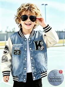 SHEIN Young Boy American Retro Striped Trim Denim Effect Jacket, Kids Streetwear Varsity Bomber Jacket With Pockets, Fall, Autumn And Winter - Blue - View 4