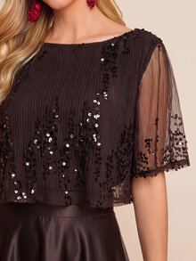 Amorya Women's Mesh Patchwork Top And Solid Color Skirt Fashion 2 Pieces Set - Brown - View 4